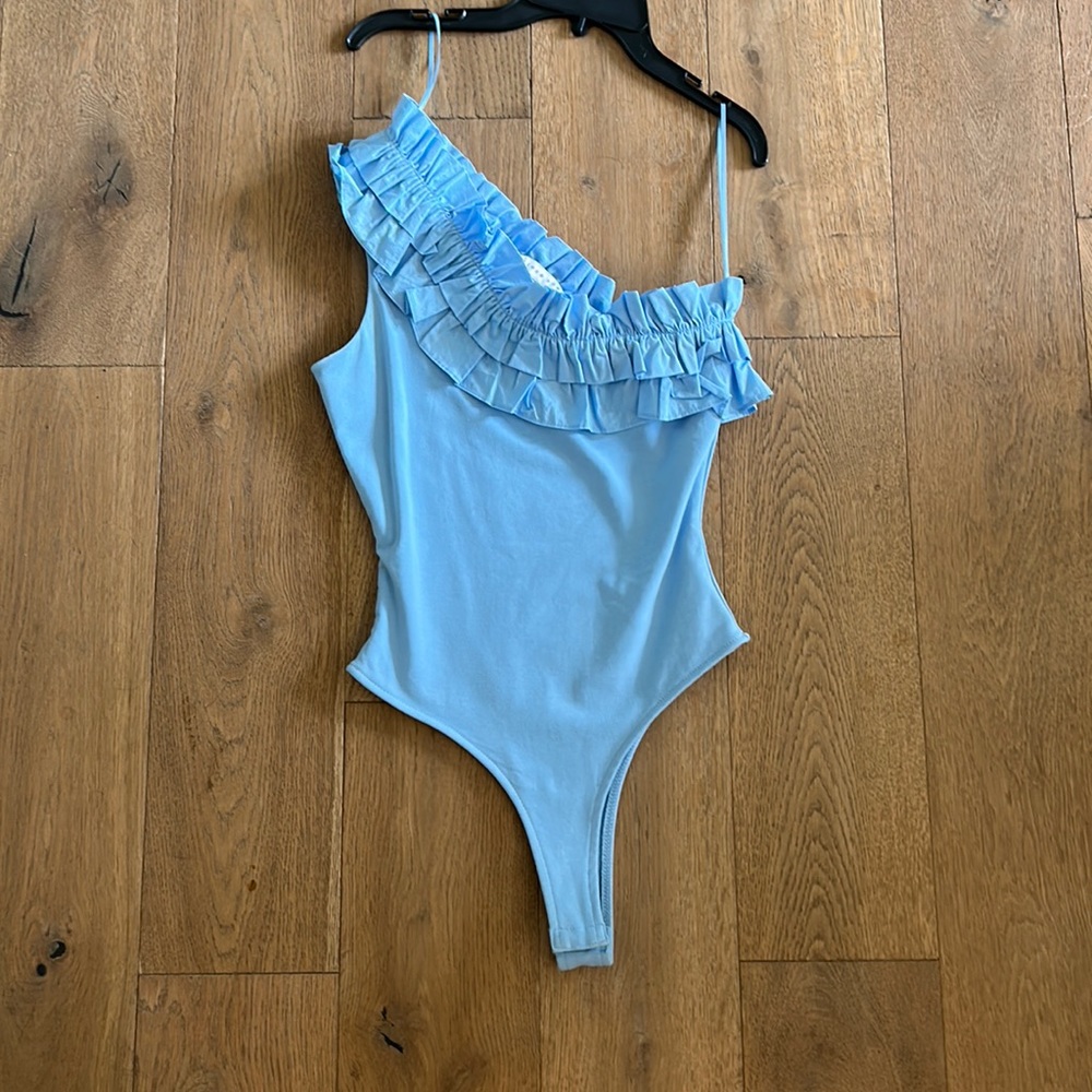 Off the shoulder blue ruffle bodysuit